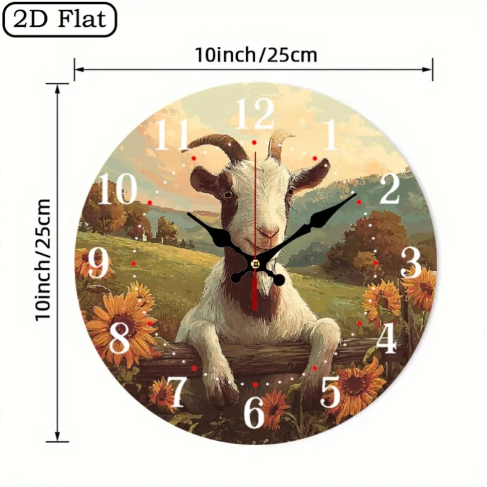 10 Inch Smiling Goat & Sunflowers Wall Clock - Silent Non-Ticking Wood Frame, Farmhouse Room Decor, Large Round Modern Rustic Cl