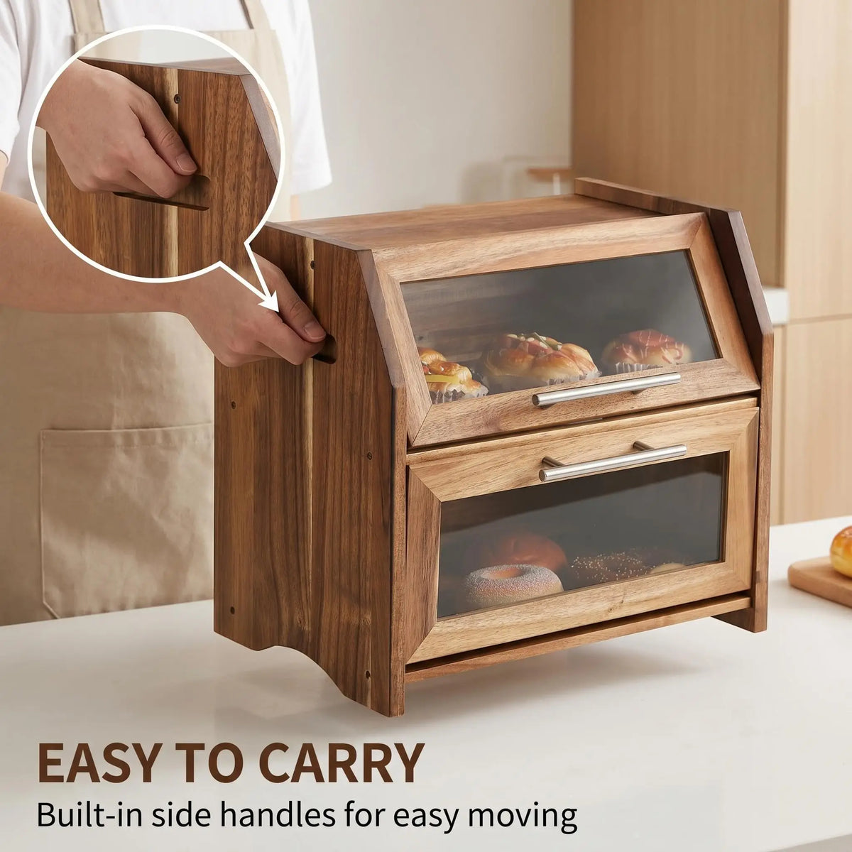HiMISS Acacia Wood Double Layer Bread Box With Clear Doors