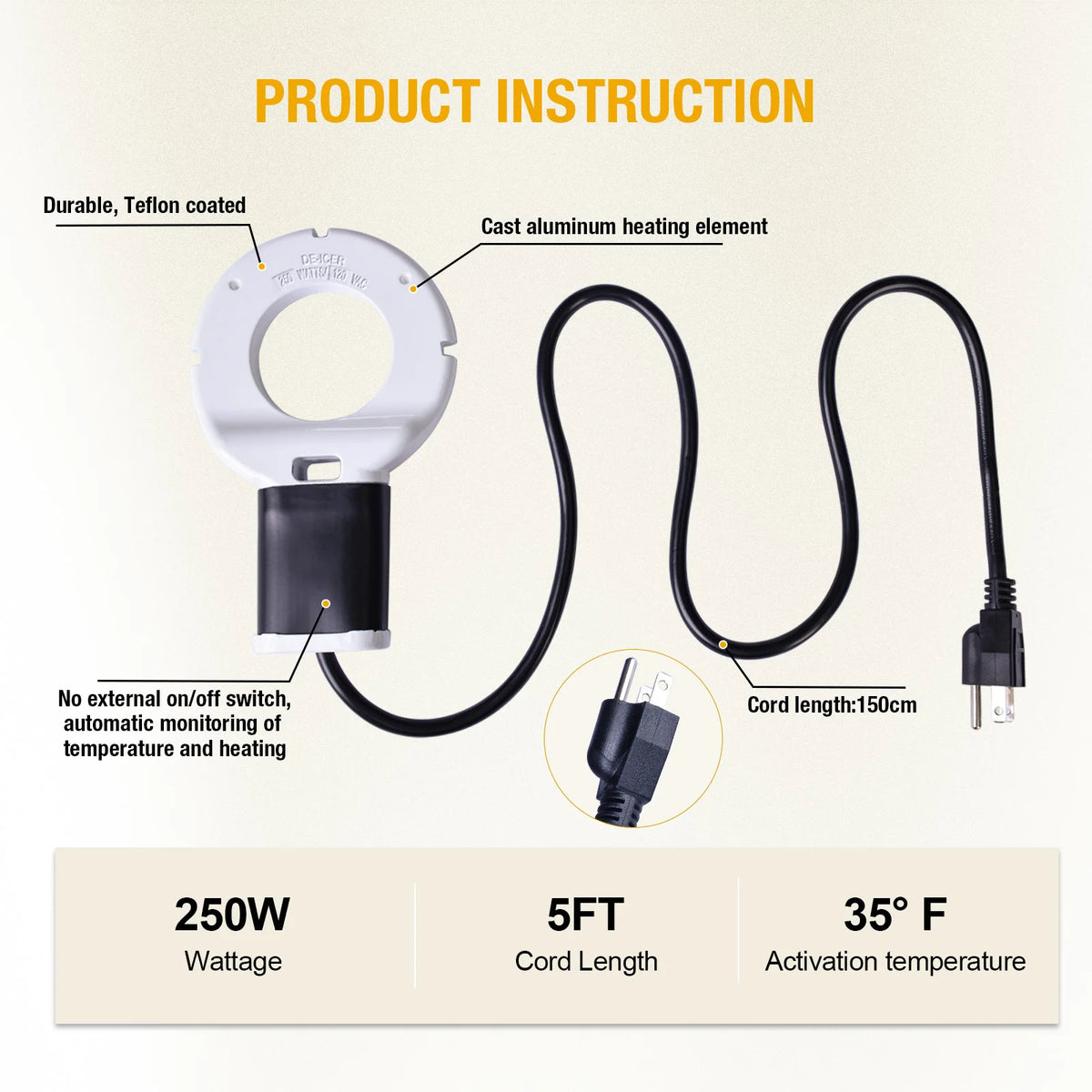 Submergible Cast Aluminum Thermostatic Control Bird Bath Heater De-Icer for Livestock Poultry Birds Cows Horses Drink Water
