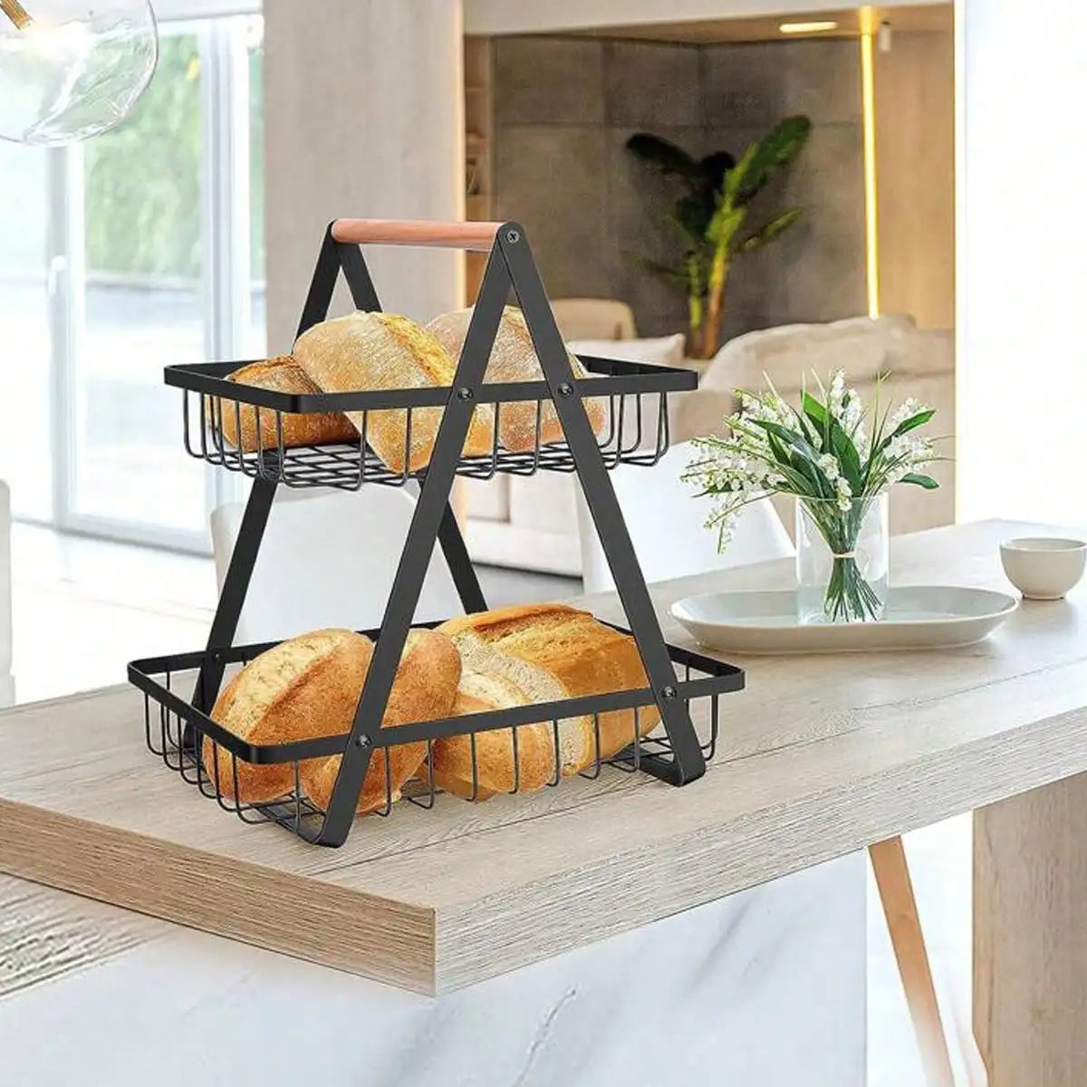 Two Tier Stainless Steel Fruit Basket With Wooden Handle Stand