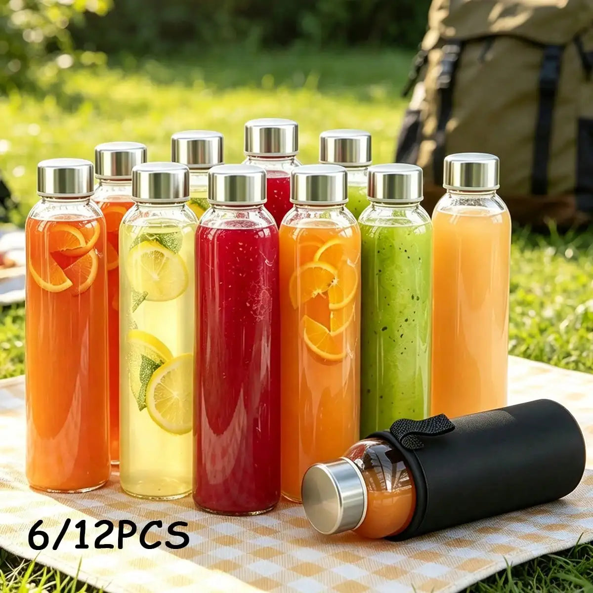 6PCS Sealed Glass Cups, Juice Storage Containers With Lids, Juice Jar Storage Container Set, Glass Jars With Lids, Supermarket Juice, Outdoor Travel Glass