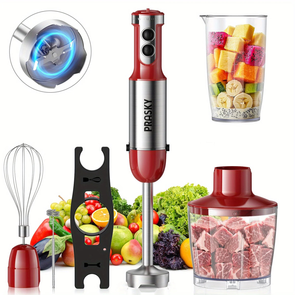 Prasky Handheld Immersion Blender With Steel Whisk And Chopper
