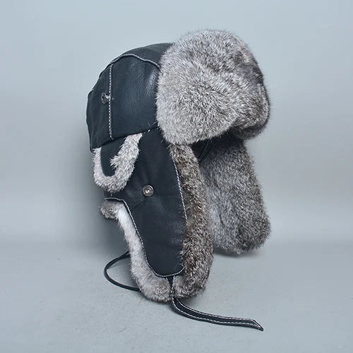 New Winter Men 100% Natural Rabbit Fur Bomber Hat Genuine Sheepskin Leather Cap Men Outdoor Windproof Super Warm Rabbit Fur Caps