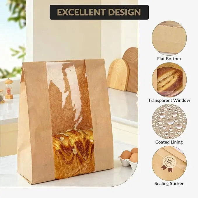 Premium Kraft Paper Bread Bags With Clear Windows And Labels