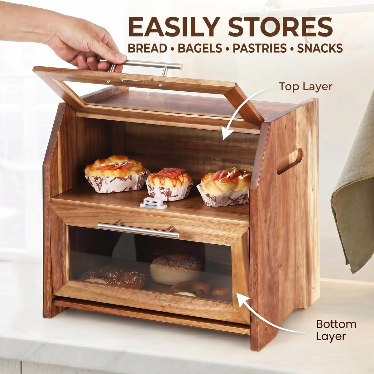 HiMISS Acacia Wood Double Layer Bread Box With Clear Doors