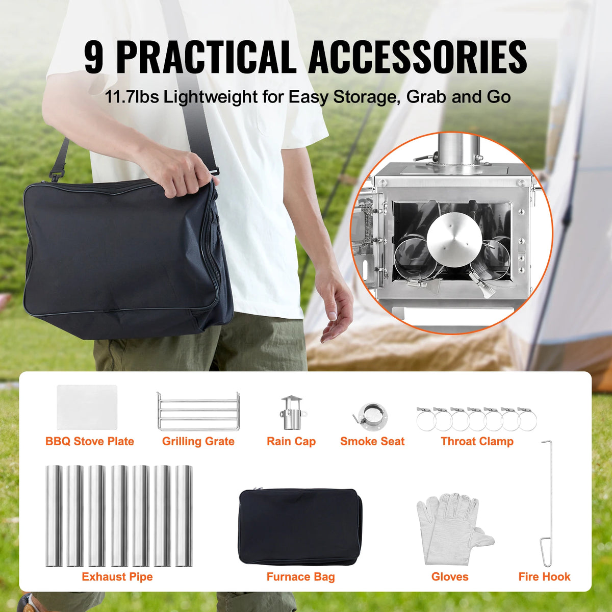 Portable Stainless Steel Camping Wood Stove With Chimney Pipes