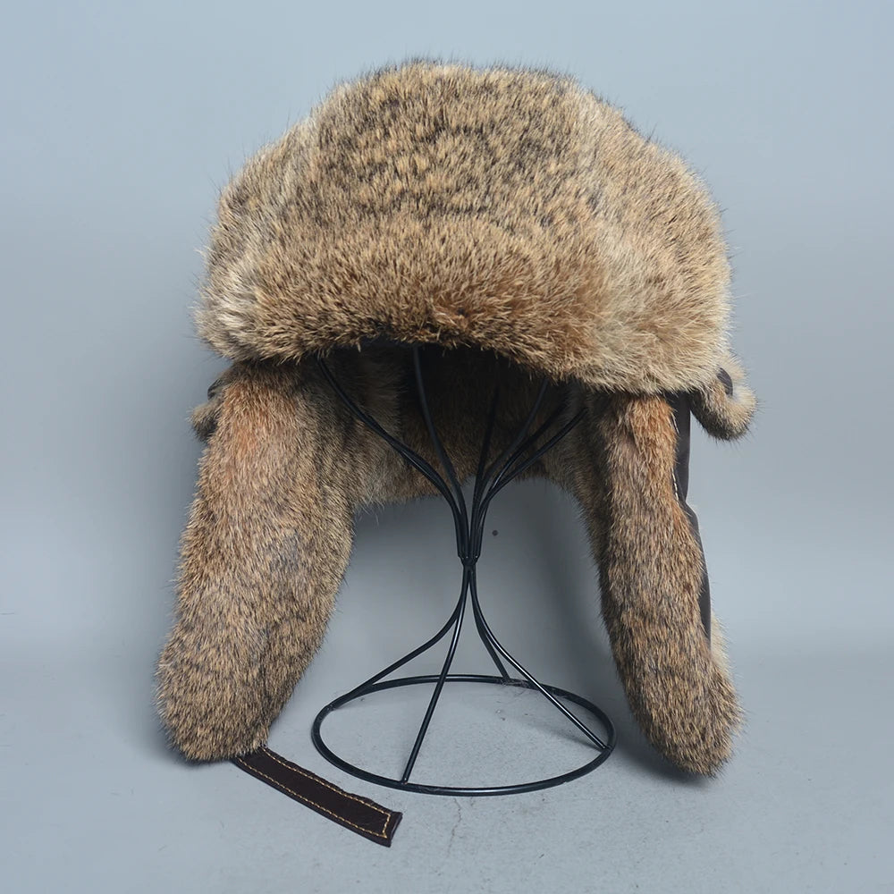 New Winter Men 100% Natural Rabbit Fur Bomber Hat Genuine Sheepskin Leather Cap Men Outdoor Windproof Super Warm Rabbit Fur Caps