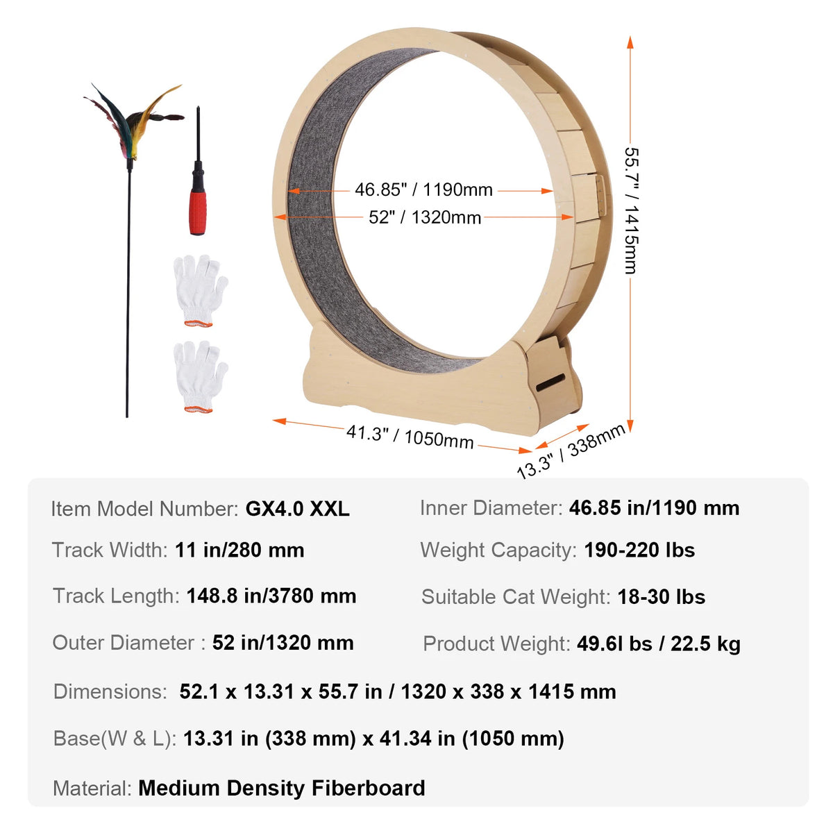 Wooden Indoor Cat Exercise Wheel With Detachable Carpet And Teaser