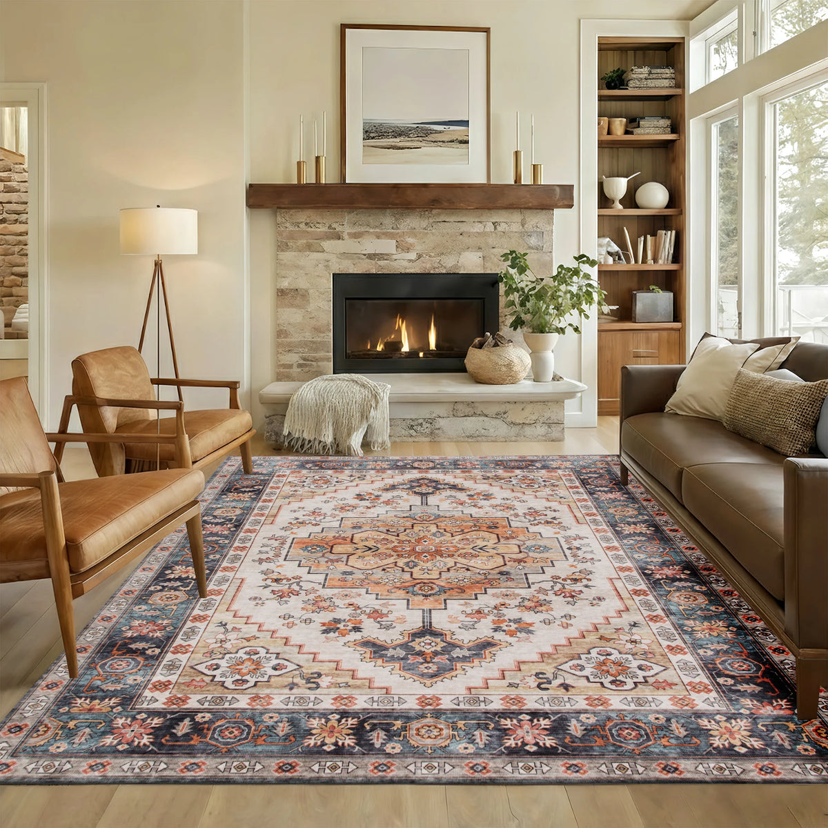 Vintage Machine Washable Oriental Medallion Area Rug For Living Room