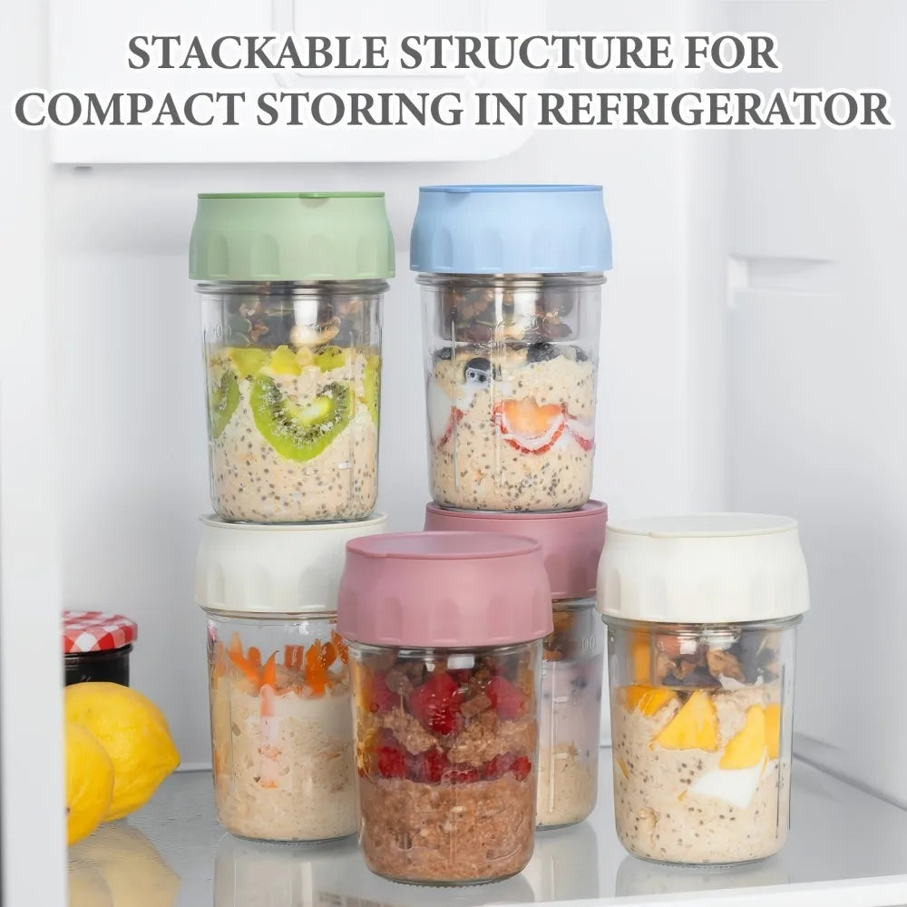 4pcs Glass Mason Jars with Lids & Folding Spoons Suitable for Overnight Oats, Divided Compartments for Fruit/Nuts, Small 16oz Jars for Yogurt Parfait, Oatmeal, for Office, Lunchboxes - Multi-Containers