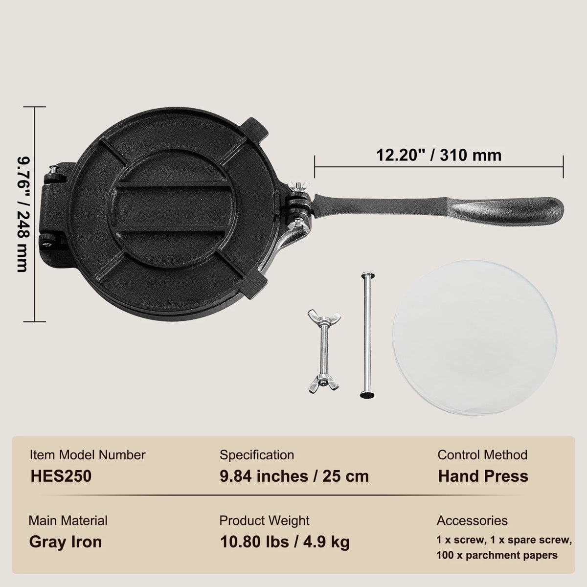 VEVOR Cast Iron Heavy Duty Tortilla Press With Grilling Plates
