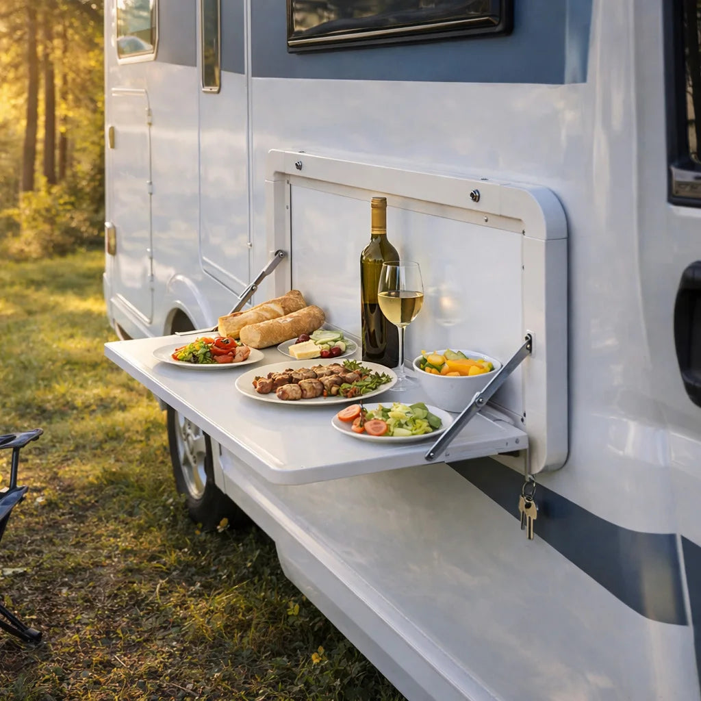 Foldable RV Wall Mount Table 600x420mm Aluminum Lockable Picnic Table for Camper Motorhome RV Space Saving Design