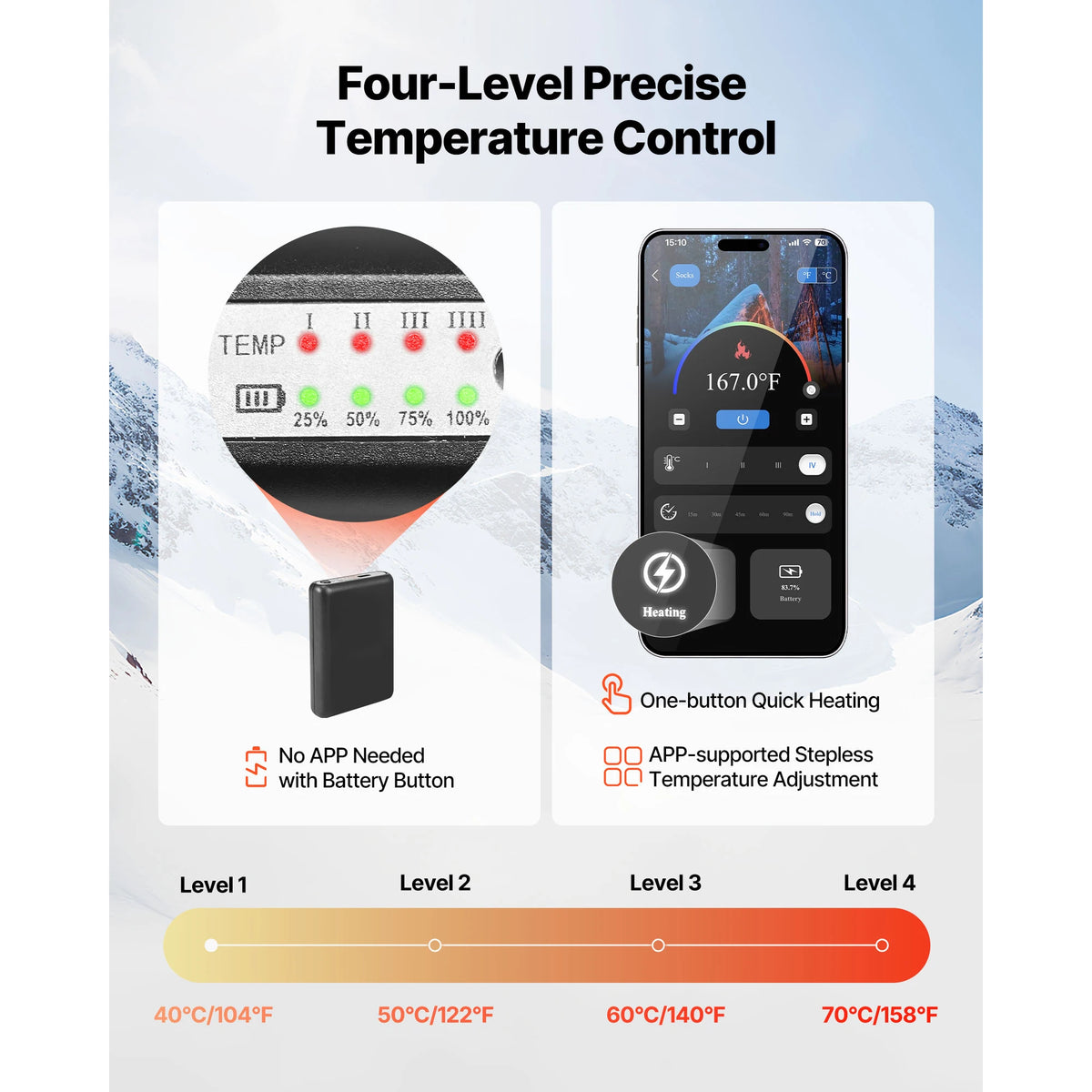 SucceBuy Heated Socks 6000mAh Battery Powered Rechargeable Heating Socks w/ 4 Heating Levels Electric Heated Sock w/ APP Control
