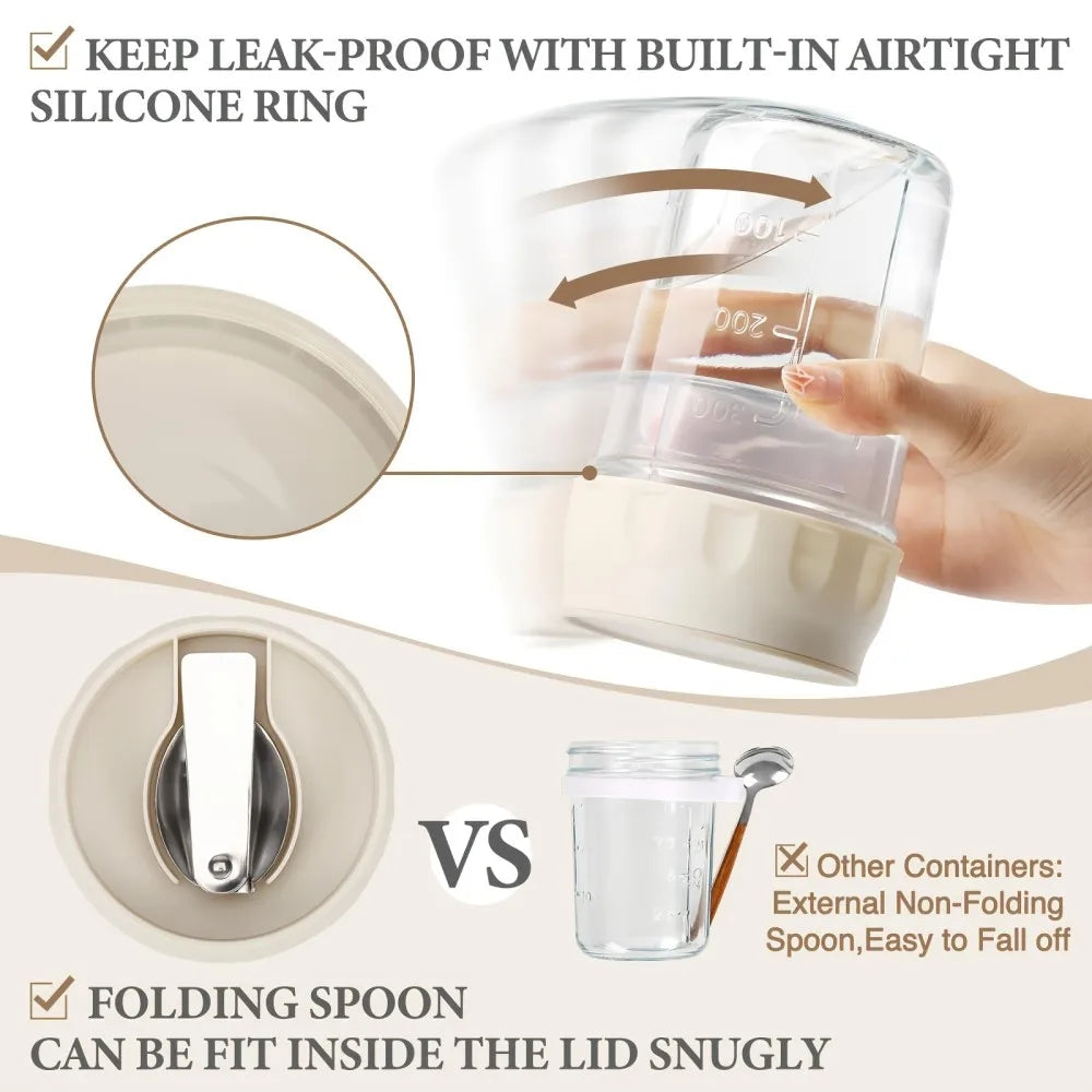 4pcs Glass Mason Jars with Lids & Folding Spoons Suitable for Overnight Oats, Divided Compartments for Fruit/Nuts, Small 16oz Jars for Yogurt Parfait, Oatmeal, for Office, Lunchboxes - Multi-Containers