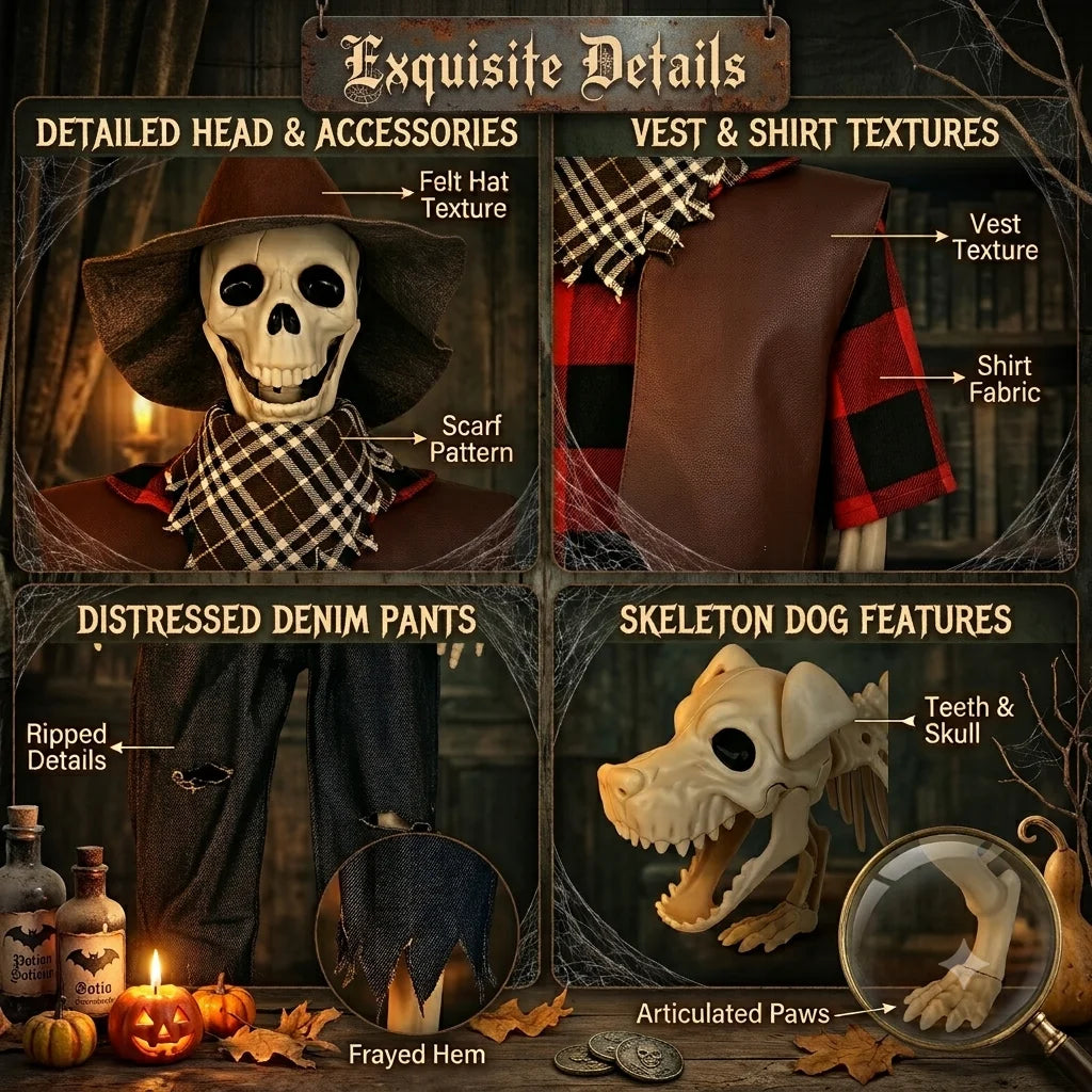 Posable Halloween Cowboy Skeleton And Plastic Dog Outdoor Decor