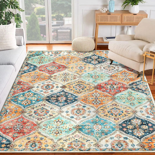 Washable 5x7 Orange Area Rug, Vintage Distressed Colorful Rug, Non-Slip Stain Resistant Area Rug for Living Room Bedroom Dining Room