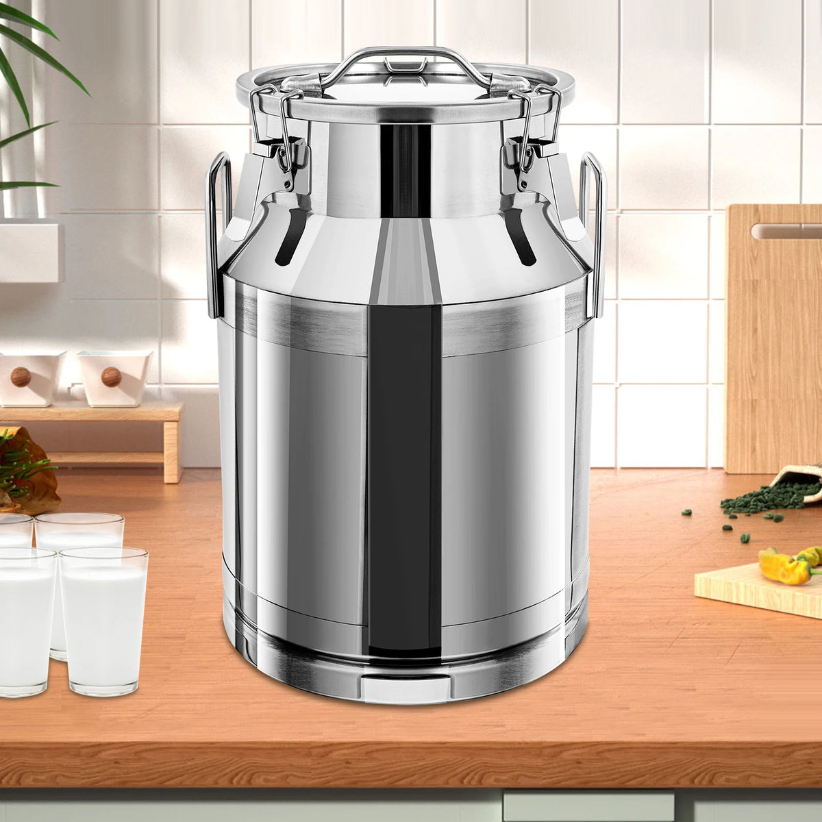 NEW 30L Silver Stainless Steel Milk Can Wine Pail Bucket Oil Milk Tote Jug with Seal Lid Practical Lid Square Loop 32*25*48cm