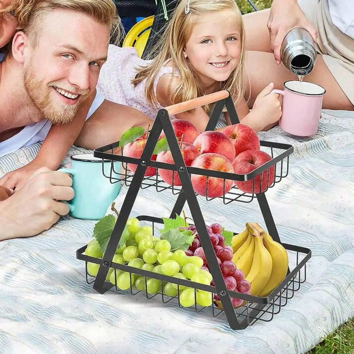 Two Tier Stainless Steel Fruit Basket With Wooden Handle Stand