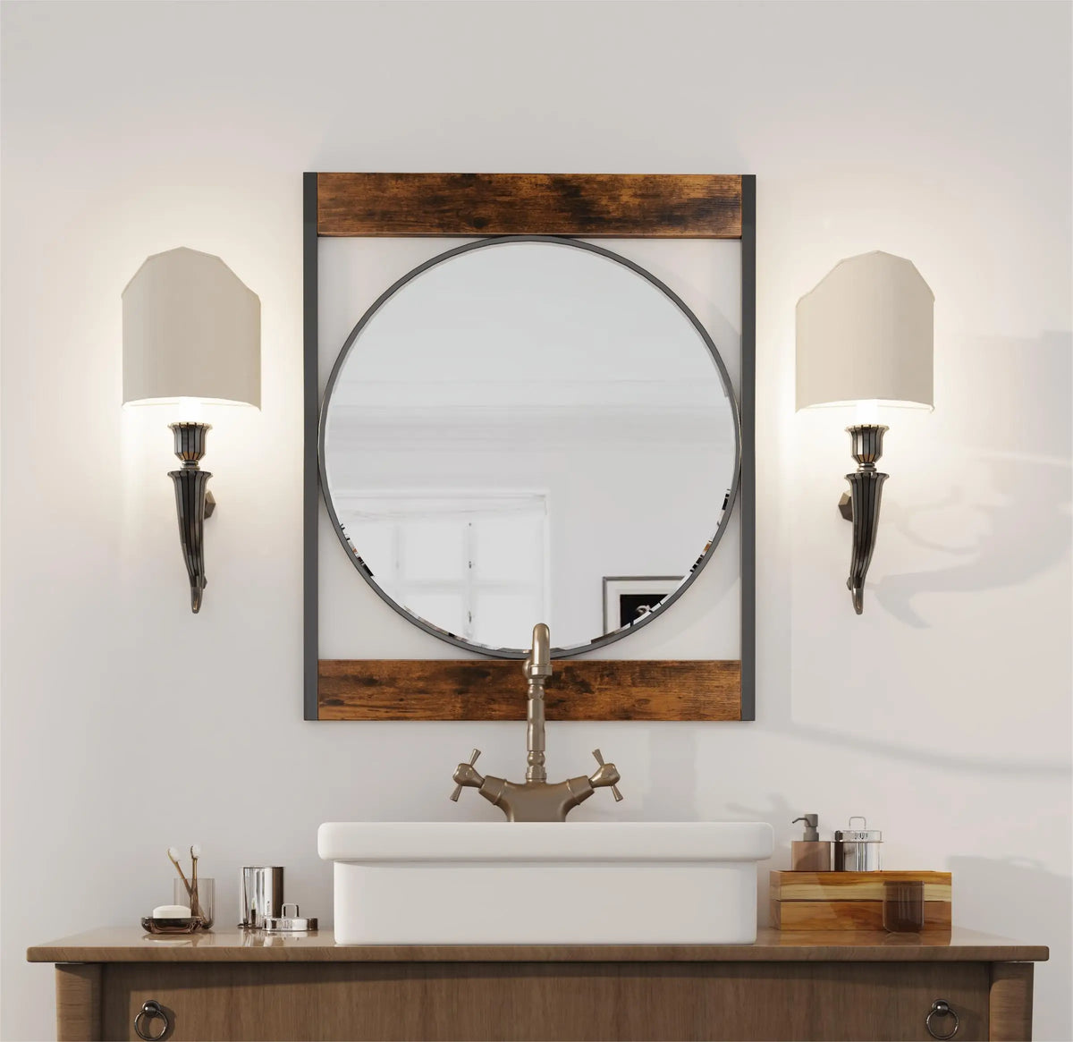 63x76CM Industrial Metal Wood Frame Wall Mounted Mirror Bathroom Living Room Decorative Mirror