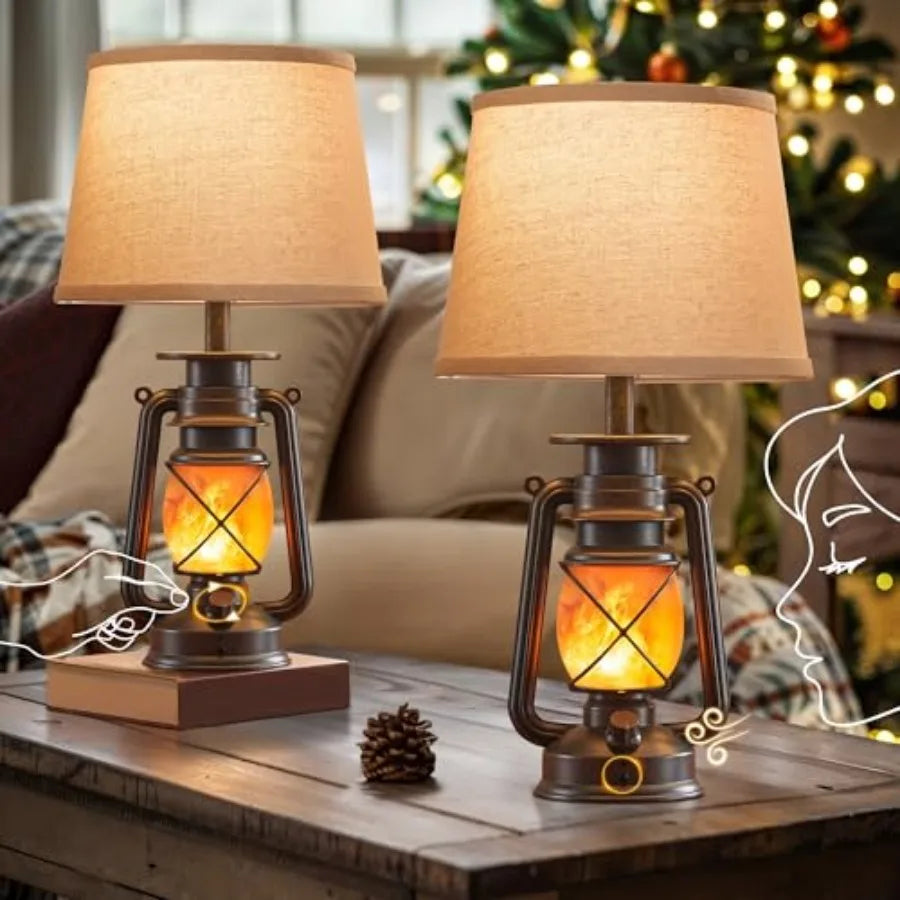 18.72" Blow-Controlled LED Lantern Flickering Flame Table Lamps for Bedrooms Set of 2, Small Farmhouse Rustic Bronze End Table