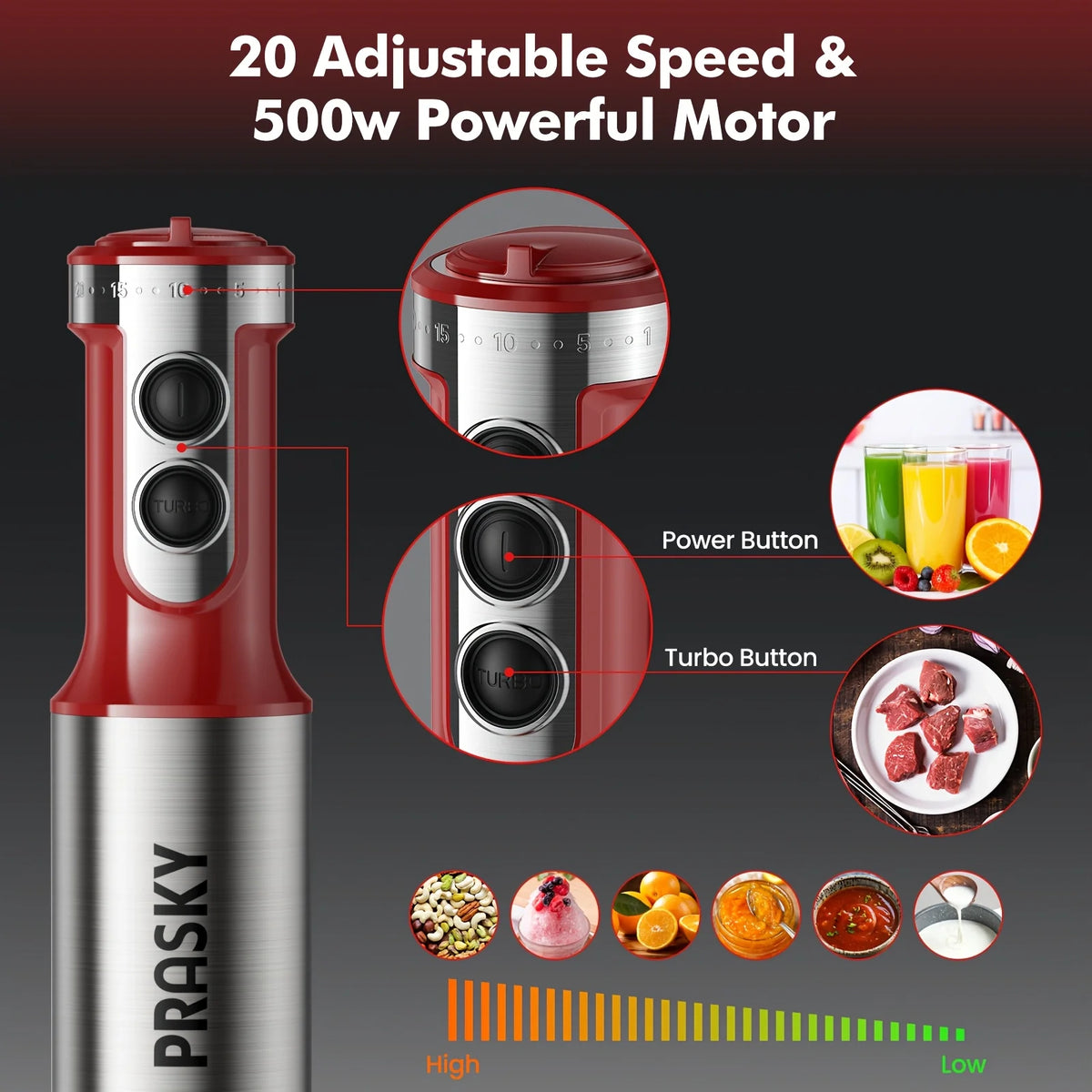 Prasky Handheld Immersion Blender With Steel Whisk And Chopper