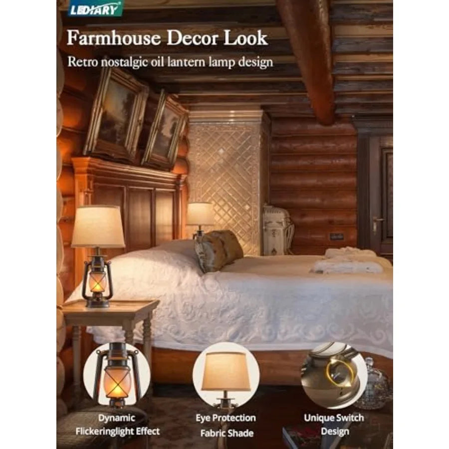 18.72" Blow-Controlled LED Lantern Flickering Flame Table Lamps for Bedrooms Set of 2, Small Farmhouse Rustic Bronze End Table