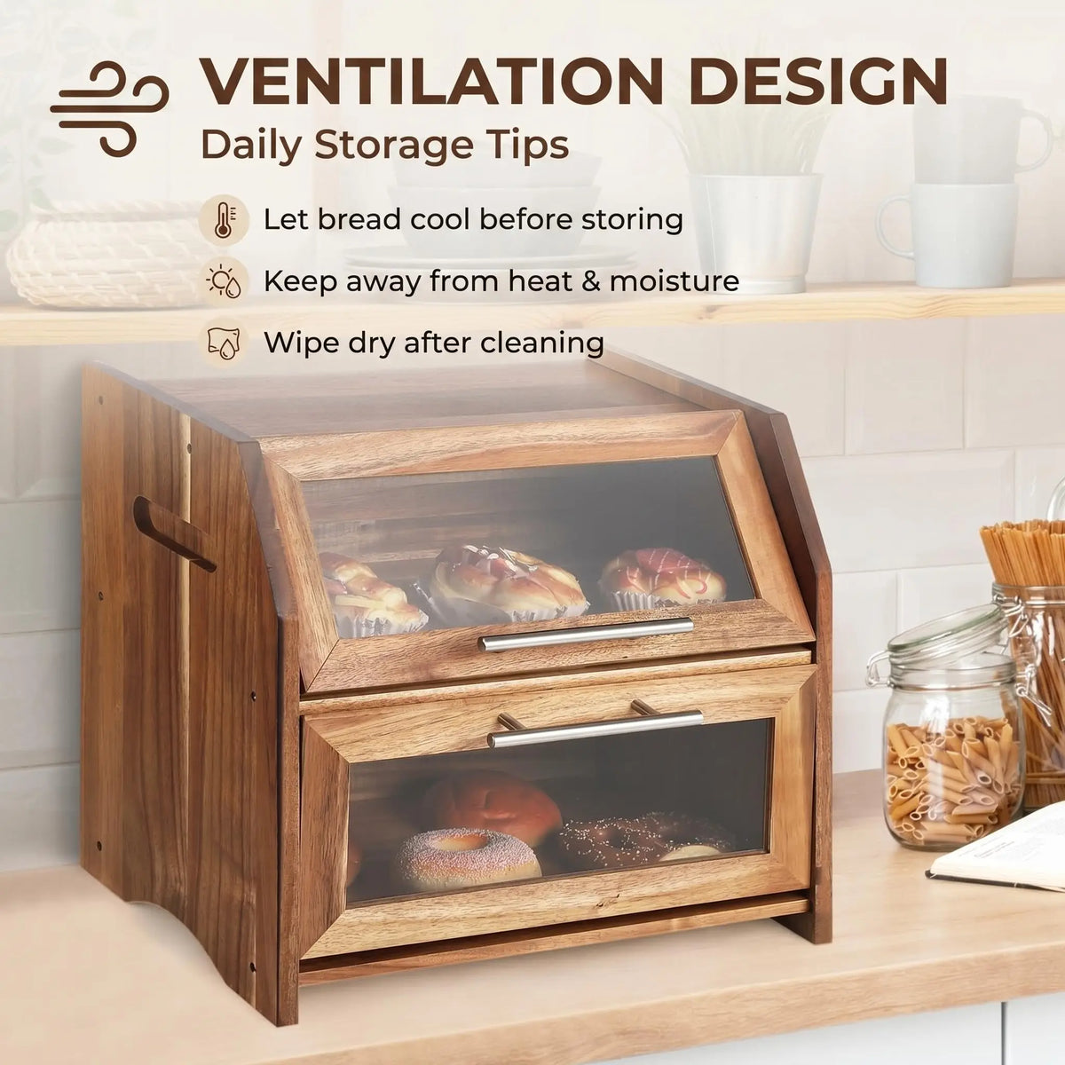 HiMISS Acacia Wood Double Layer Bread Box With Clear Doors