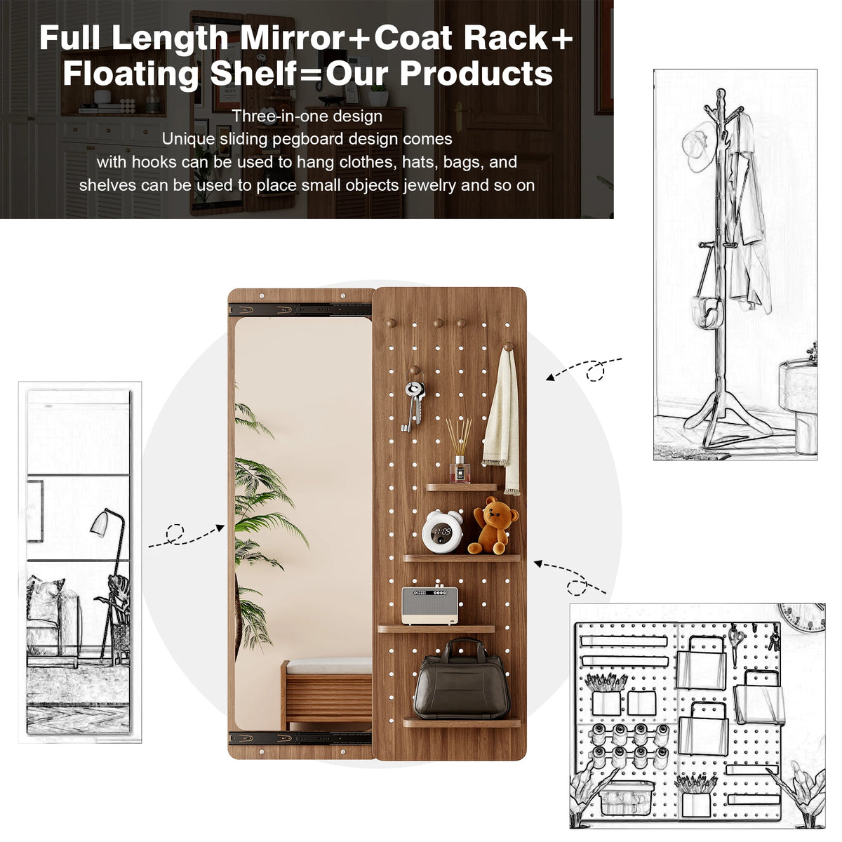 47.6" x 15.5" Wall-Mounted Full Length Mirror, Space-Saving Push & Pull Rotating Mirror, Wood Finish for Bedroom, Living Room, Entryway