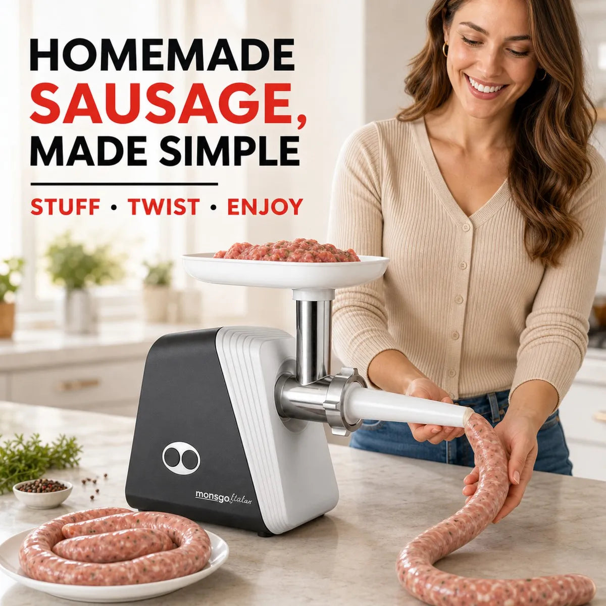 MONSGA by erabros G100 Electric Meat Grinder,1200W MAX Power Motor, Heavy Duty Meat Mincer, Sausage Stuffer Maker, Food Grinder with Sausage , Grinder Plates, Includes 3 Cutting Discs Meat Maker for Home Kitchen