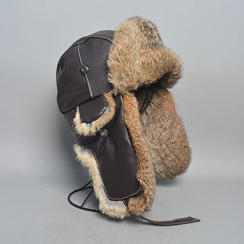 New Winter Men 100% Natural Rabbit Fur Bomber Hat Genuine Sheepskin Leather Cap Men Outdoor Windproof Super Warm Rabbit Fur Caps