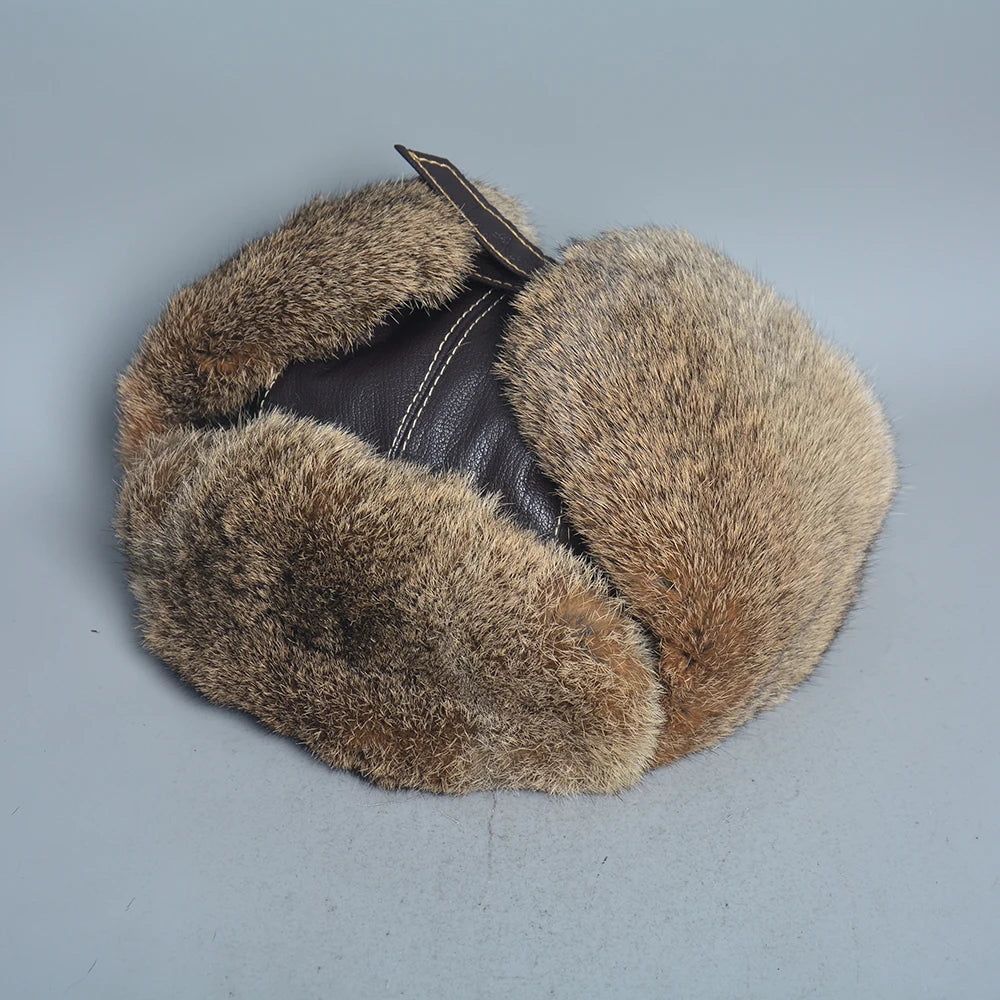 New Winter Men 100% Natural Rabbit Fur Bomber Hat Genuine Sheepskin Leather Cap Men Outdoor Windproof Super Warm Rabbit Fur Caps