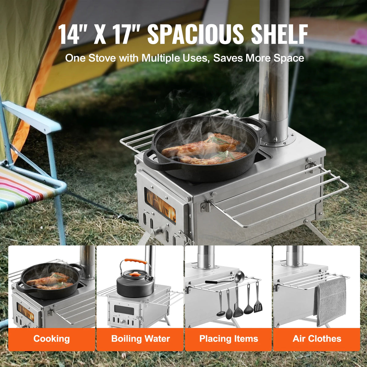 Portable Stainless Steel Camping Wood Stove With Chimney Pipes