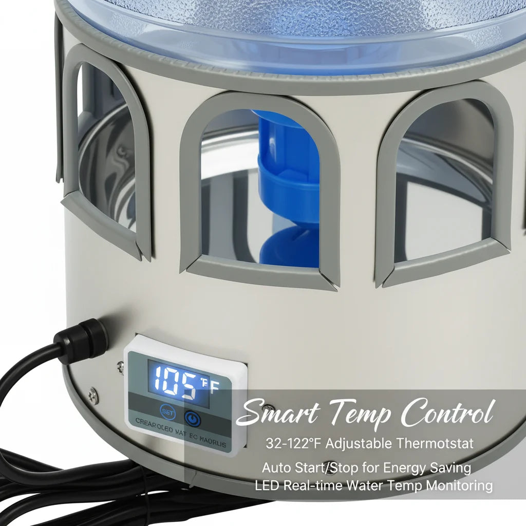 Stainless Steel Heated Chicken Waterer 5 Gal, 80W Auto Thermostat Water Heater for Poultry, Adjustable Temp 32-122°F with LED Display & 9 Windows, Anti-Freeze for Winter, Silver-Blue