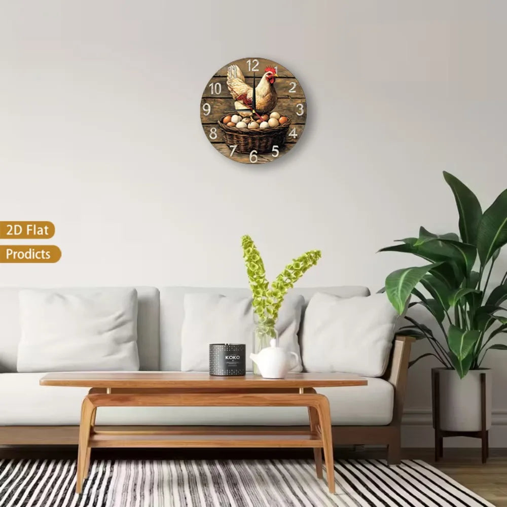1pc Farmhouse Chicken Wall Clock 12 Inch - Rustic Wood Silent Non-Ticking Nursery Room Decor with Cute Chicks & Hens Design, Bat