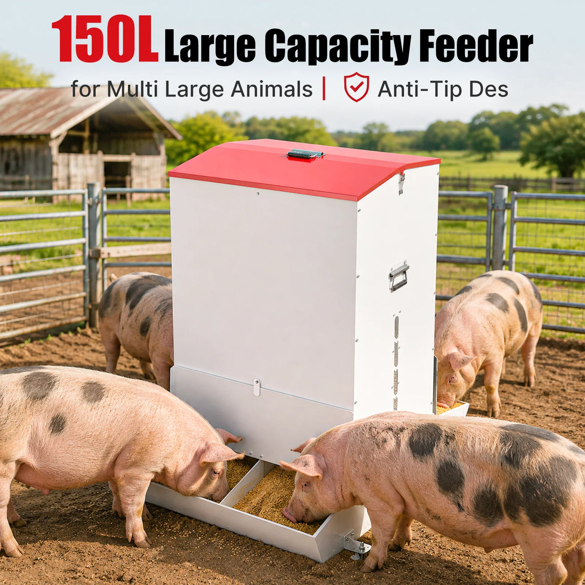 Lockable Automatic Dog Feeder Large Heavy Duty Metal Gravity Livestock Pig Goat Feeder Outdoor Weatherproof Raccoon Vermin Proof Pet Food Storage Dispenser Bin For Pigs Dogs Farm Animals