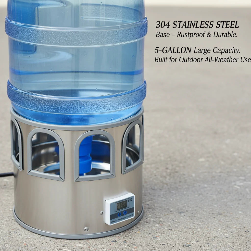 Stainless Steel Heated Chicken Waterer 5 Gal, 80W Auto Thermostat Water Heater for Poultry, Adjustable Temp 32-122°F with LED Display & 9 Windows, Anti-Freeze for Winter, Silver-Blue