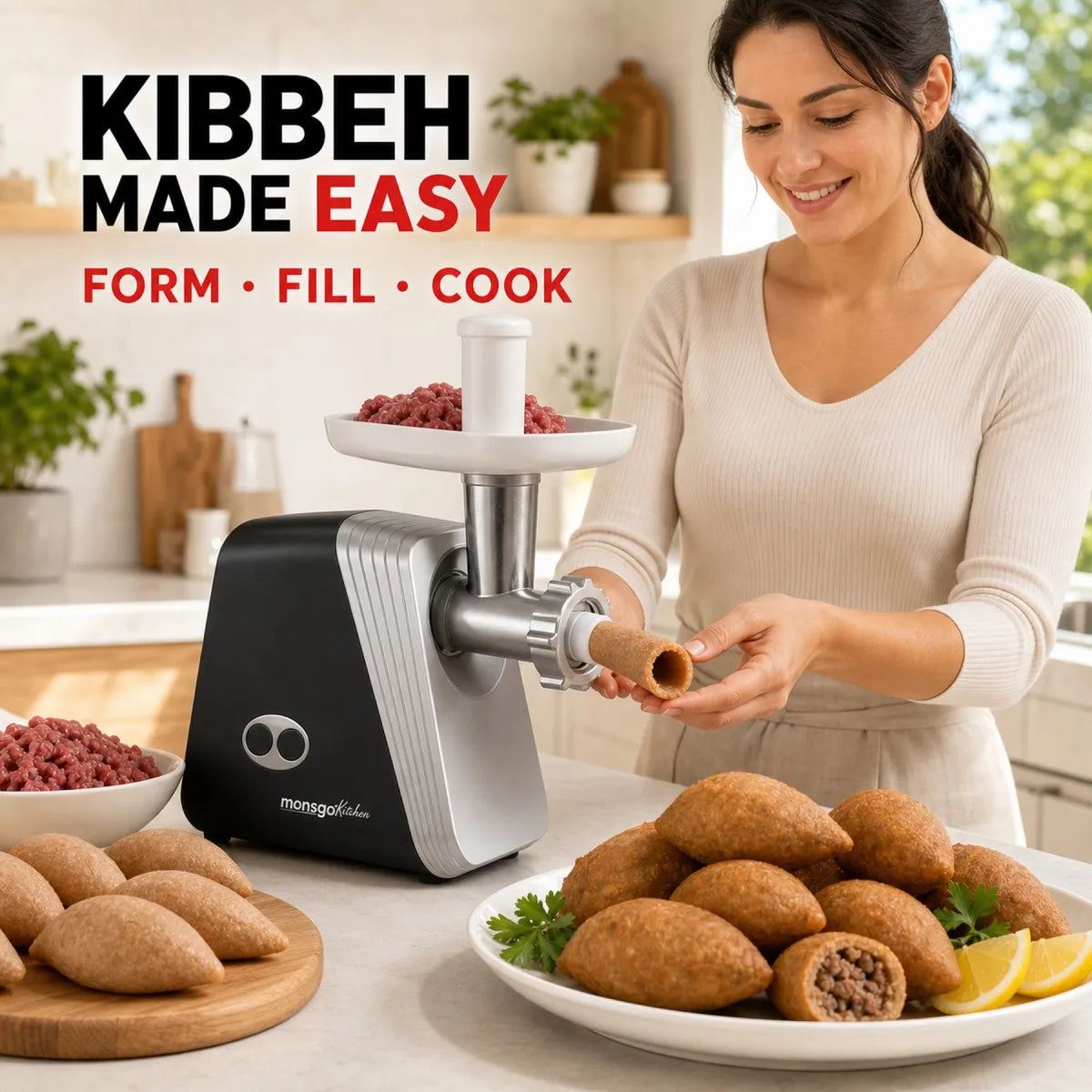MONSGA by erabros G100 Electric Meat Grinder,1200W MAX Power Motor, Heavy Duty Meat Mincer, Sausage Stuffer Maker, Food Grinder with Sausage , Grinder Plates, Includes 3 Cutting Discs Meat Maker for Home Kitchen