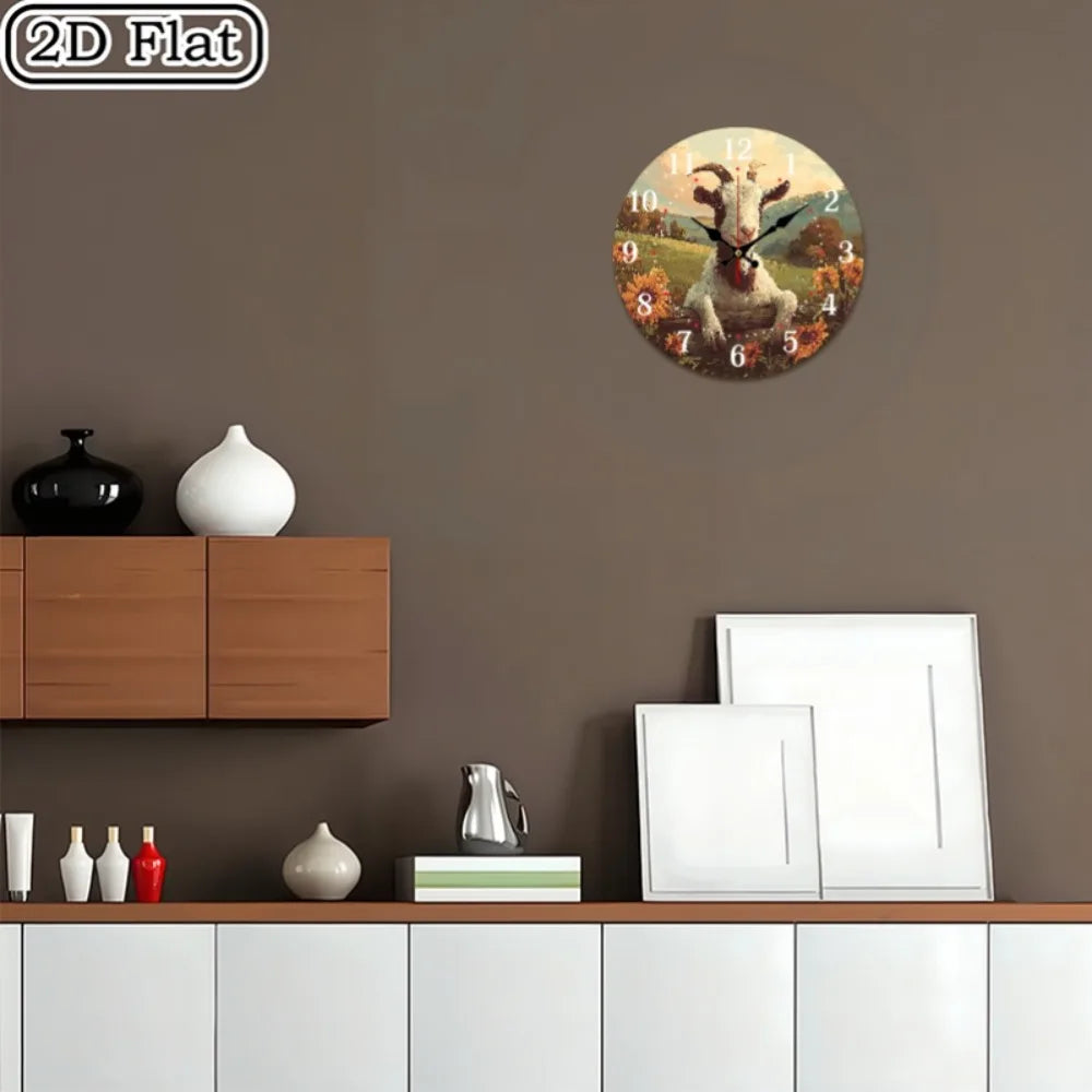 10 Inch Smiling Goat & Sunflowers Wall Clock - Silent Non-Ticking Wood Frame, Farmhouse Room Decor, Large Round Modern Rustic Cl