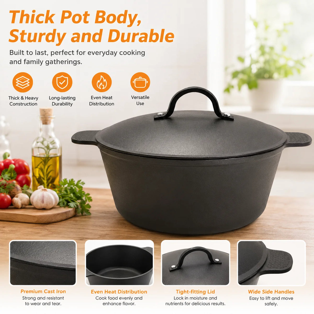 HanSMART Cast Iron Dutch Oven Nonstick Cooking Pot With Lid