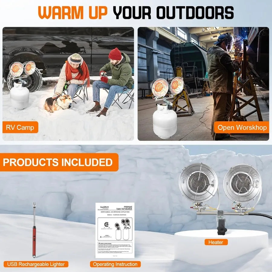 Double Tank Top Outdoor Propane Heater With a Windproof Lighter 36000BTU Outdoor Propane Heater With Shut-off Valve and Tip-ove