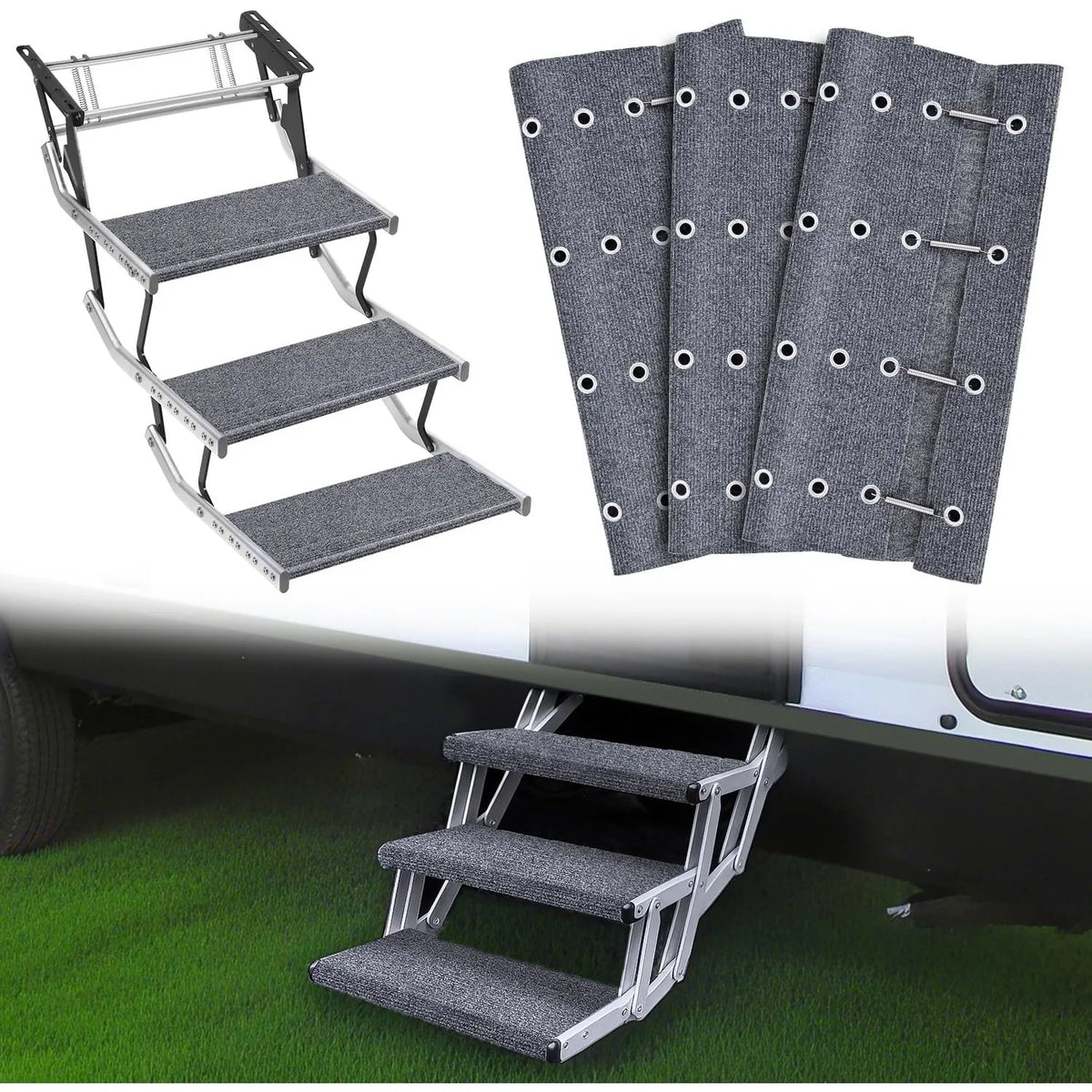 Nilight RV Step Covers 3 Pack 23" Adjustable Wrap Around Carpet with Spring for 8-11" Camper Steps Electrical Manual RV Stairs