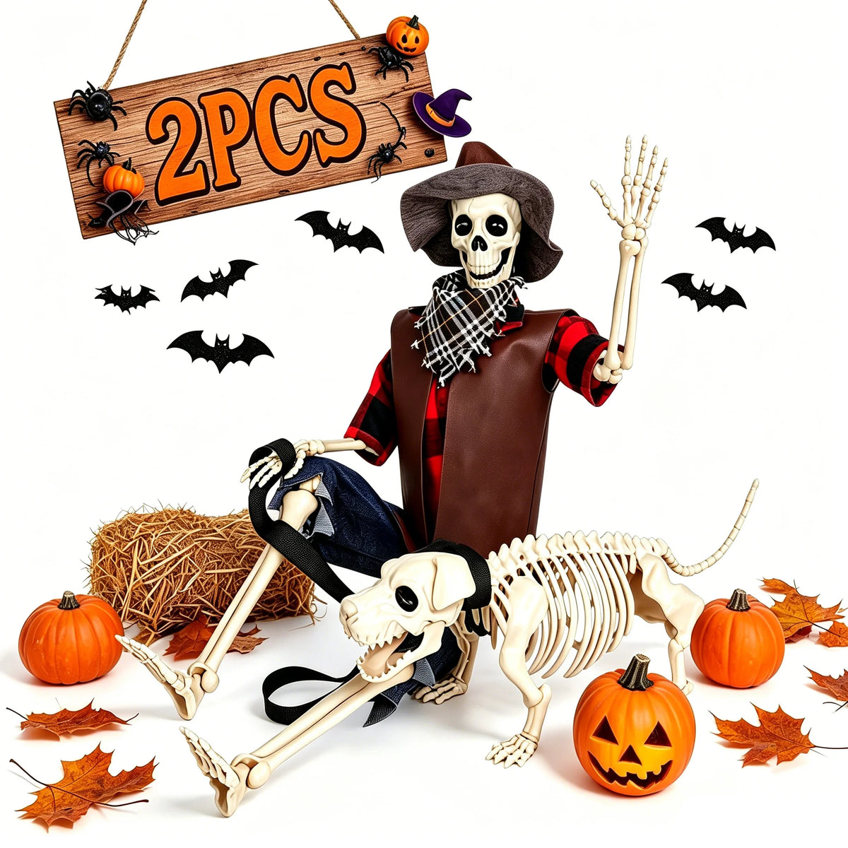 Posable Halloween Cowboy Skeleton And Plastic Dog Outdoor Decor