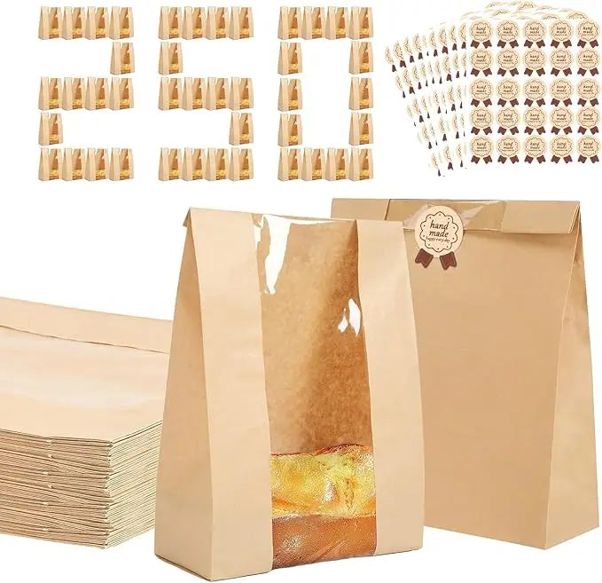 Premium Kraft Paper Bread Bags With Clear Windows And Labels