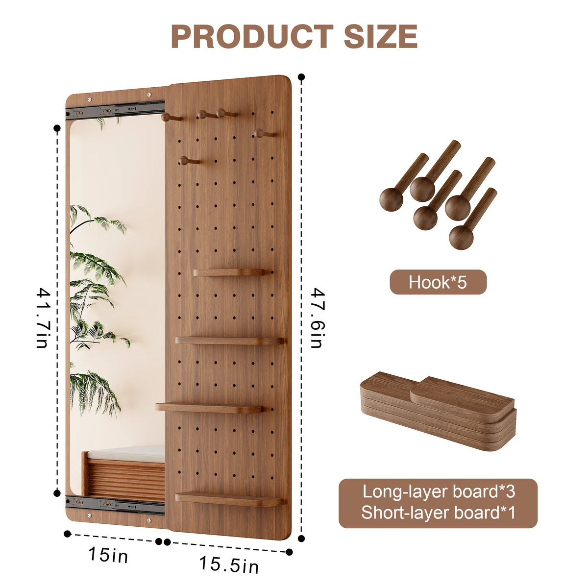 47.6" x 15.5" Wall-Mounted Full Length Mirror, Space-Saving Push & Pull Rotating Mirror, Wood Finish for Bedroom, Living Room, Entryway