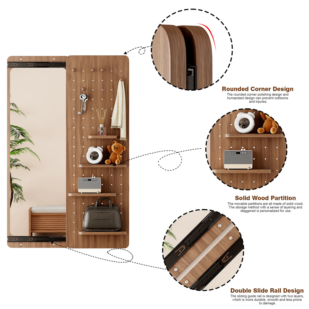 47.6" x 15.5" Wall-Mounted Full Length Mirror, Space-Saving Push & Pull Rotating Mirror, Wood Finish for Bedroom, Living Room, Entryway