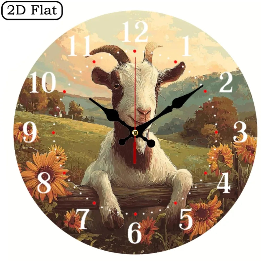10 Inch Smiling Goat & Sunflowers Wall Clock - Silent Non-Ticking Wood Frame, Farmhouse Room Decor, Large Round Modern Rustic Cl