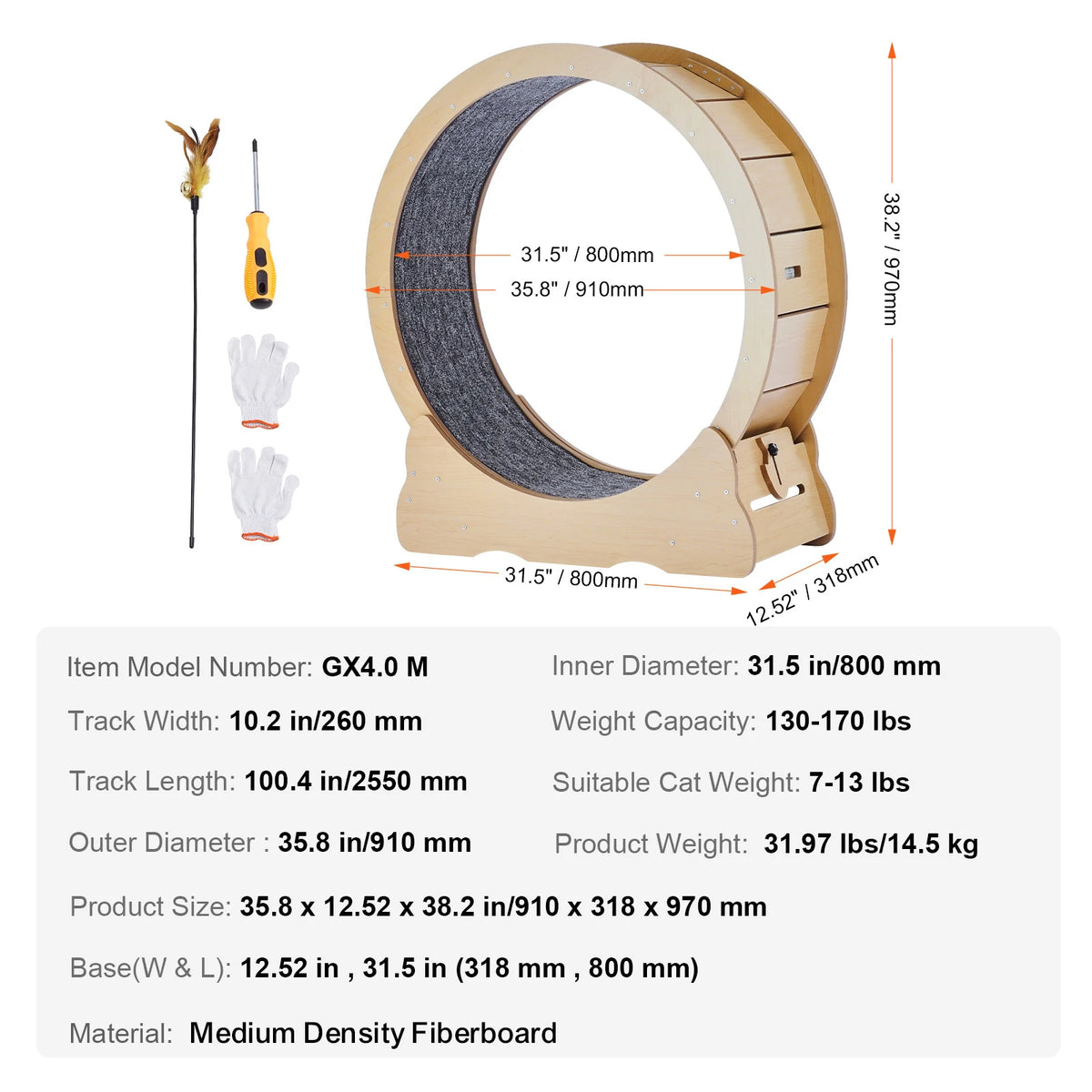 Wooden Indoor Cat Exercise Wheel With Detachable Carpet And Teaser