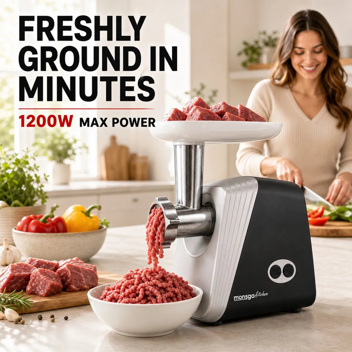 MONSGA by erabros G100 Electric Meat Grinder,1200W MAX Power Motor, Heavy Duty Meat Mincer, Sausage Stuffer Maker, Food Grinder with Sausage , Grinder Plates, Includes 3 Cutting Discs Meat Maker for Home Kitchen