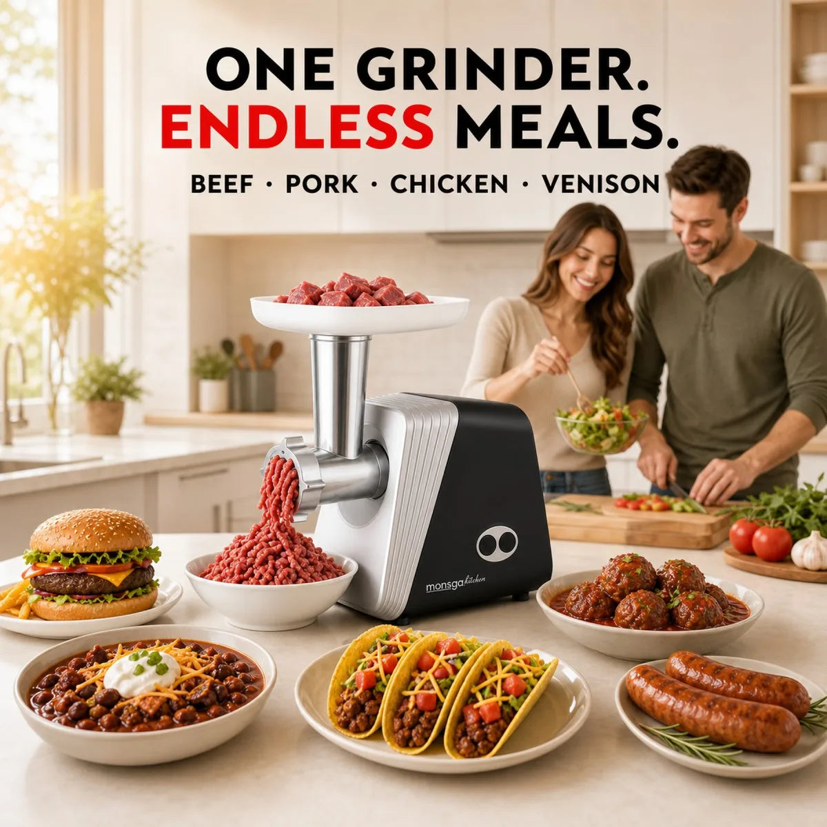 MONSGA by erabros G100 Electric Meat Grinder,1200W MAX Power Motor, Heavy Duty Meat Mincer, Sausage Stuffer Maker, Food Grinder with Sausage , Grinder Plates, Includes 3 Cutting Discs Meat Maker for Home Kitchen
