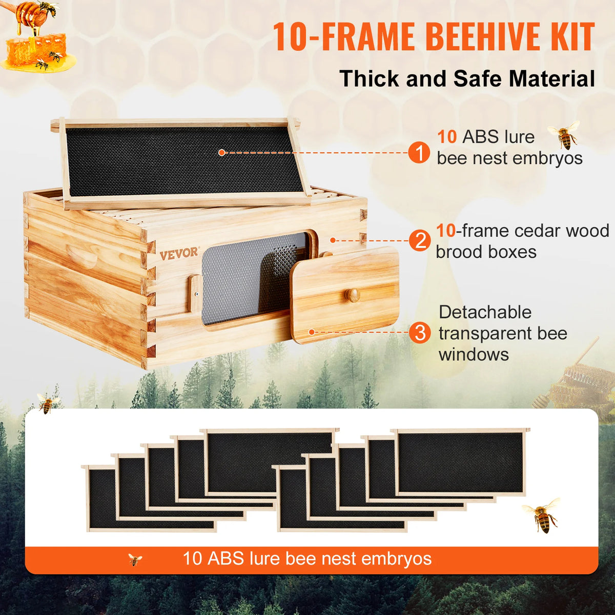SucceBuy Bee Hive Deep Box Starter Kit 100% Beeswax Coated Natural Cedar Wood Langstroth Beehive Kit Transparent Acrylic